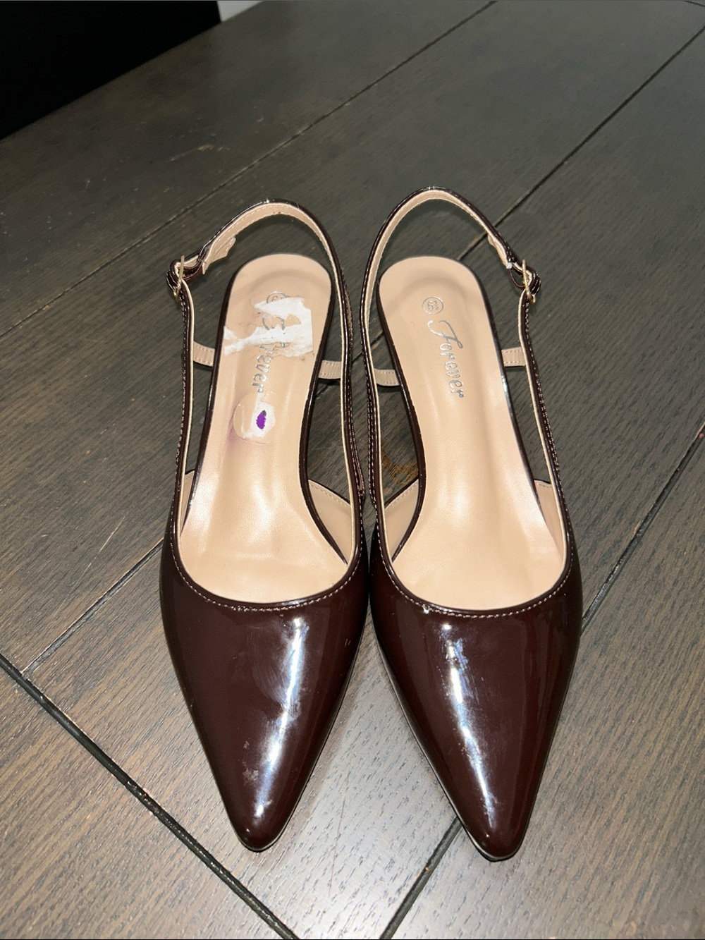 Pointed Patent Slingback Mules in Dark Brown by Forever 21